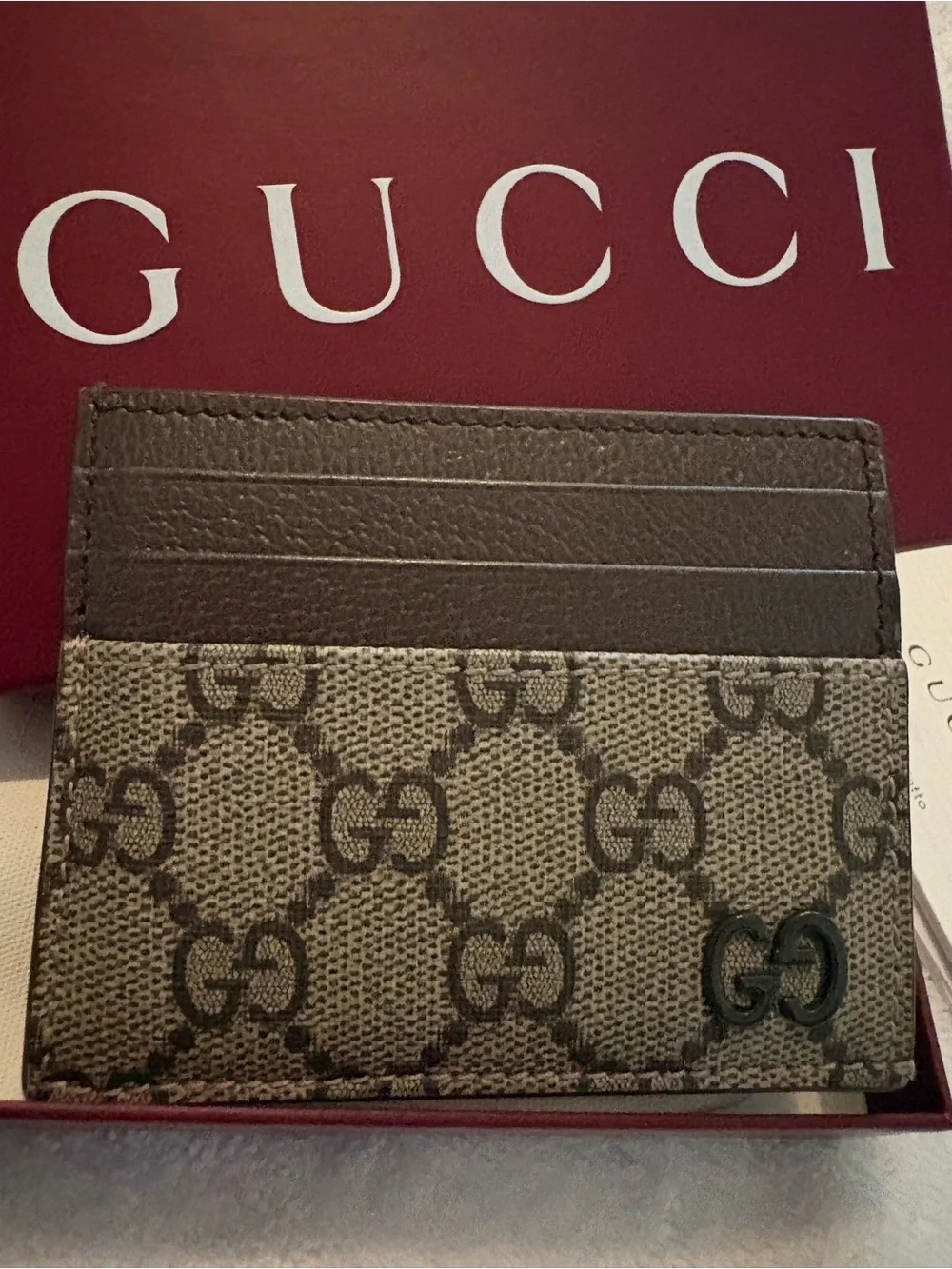 Gucci Brown GG Supreme Card Holder with Leather Trim